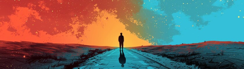 A lonely figure stands on a road in the middle of a surreal landscape with a red and blue sky.
