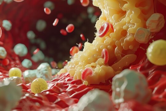 A 3D bloodstream flooded with triglycerides, showcasing the increased triglyceride levels linked to high sugar intake