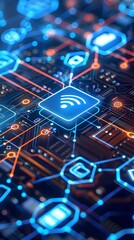 Fototapeta na wymiar Futuristic Blue Technology Cyber Network Interconnected Digital World of Internet of Things IoT Innovations