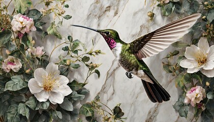 hummingbird and flower marble background wall art 