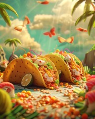 Bright and colorful sushi tacos pop against a soft pastel background, while characters with adventurous spirits indulge in the tasty treats , high resolution DSLR