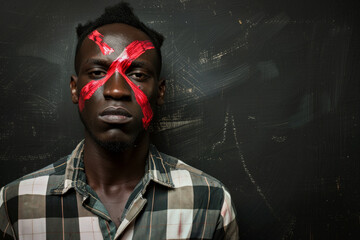 A man with a red cross painted on his face, a rejection - obrazy, fototapety, plakaty