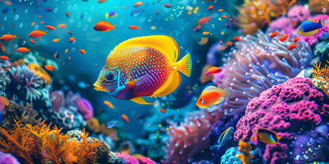 A colorful tropical fish swimming in the ocean, surrounded by coral reefs and marine life..colorful tropical fish in a coral reef on blue sea background, - obrazy, fototapety, plakaty