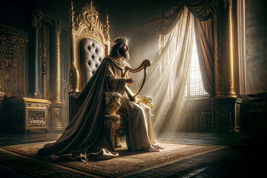 King David Playing Golden Harp: Biblical Psalmist Artwork
