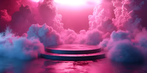 Deurstickers Mystical podium surrounded by ethereal pink clouds with a dramatic light. Fantasy and dream concept. Design for showcasing luxury products, branding presentations, and creative visual projects © Ekaterina
