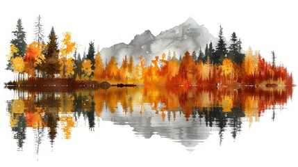   A painting of a mountain range with an orange and yellow lake in the foreground and trees bearing orange-yellow leaves