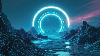 Neo tech background with neon circle on wireframe landscape. Modern illustration of y2k style banner, retro wave black and blue gradient grid mountains, synthwave light frame design