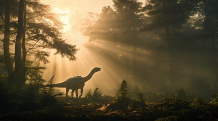 Naklejka premium Dinosaur stands in sunny prehistoric forest. Photorealistic.