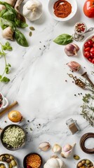 Fresh ingredients and spices on a marble background for healthy cooking.