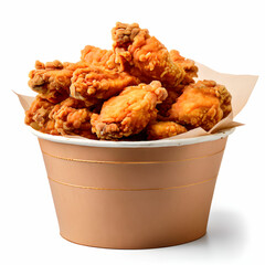 collection of golden brown and crispy roasted Fried chicken served on a brown paper bucket isolated on a white or transparent background. Fried chicken on white with a clipping path