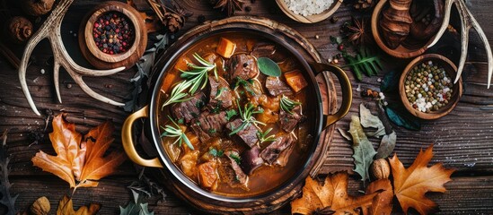 Copper pot containing venison goulash stew with seasoning bowls on a wooden surface, surrounded by deer antlers and leaves. - obrazy, fototapety, plakaty