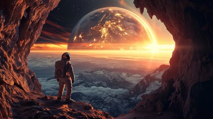 An lonely astronaut explore alien land landscape with giant planet and mountains. Fantasy wall paper.