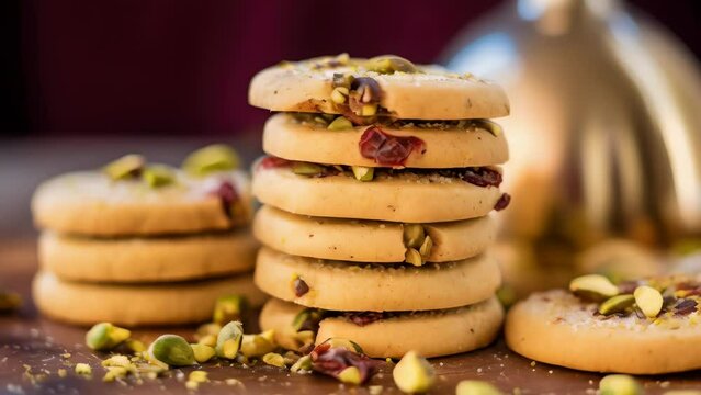 A stack of cookies with nuts on top of each other