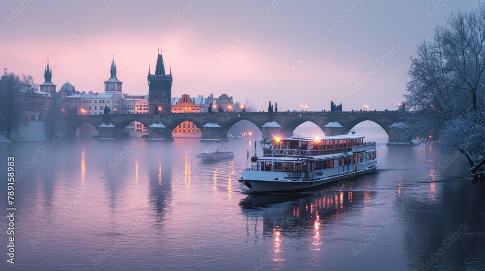 Sticker boat in river with bridge and beautiful historical buildings in winter in prague city in czech repub