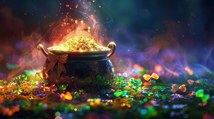 Lively HD wallpaper with a pot of gold and a bow tie, surrounded by radiant clover leaves, designed in bright and vibrant colors