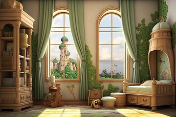 Tower Window Curtains and Golden Fleece Rugs: Enchanted Fairy Tale Nursery Decors