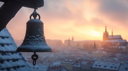 Fototapeta premium Bell closeup view with beautiful historical buildings at sunrise in winter in Prague city in Czech Republic in Europe.
