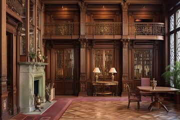 Fototapeta na wymiar Gilded Age Mansion Library: Ornamental Columns & Herringbone Floors Design