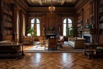 Fototapeta na wymiar Gilded Age Mansion Library: Herringbone Floors & Ornamental Columns Design