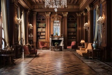 Fototapeta na wymiar Herringbone Floors and Ornamental Columns: Gilded Age Mansion Library Designs