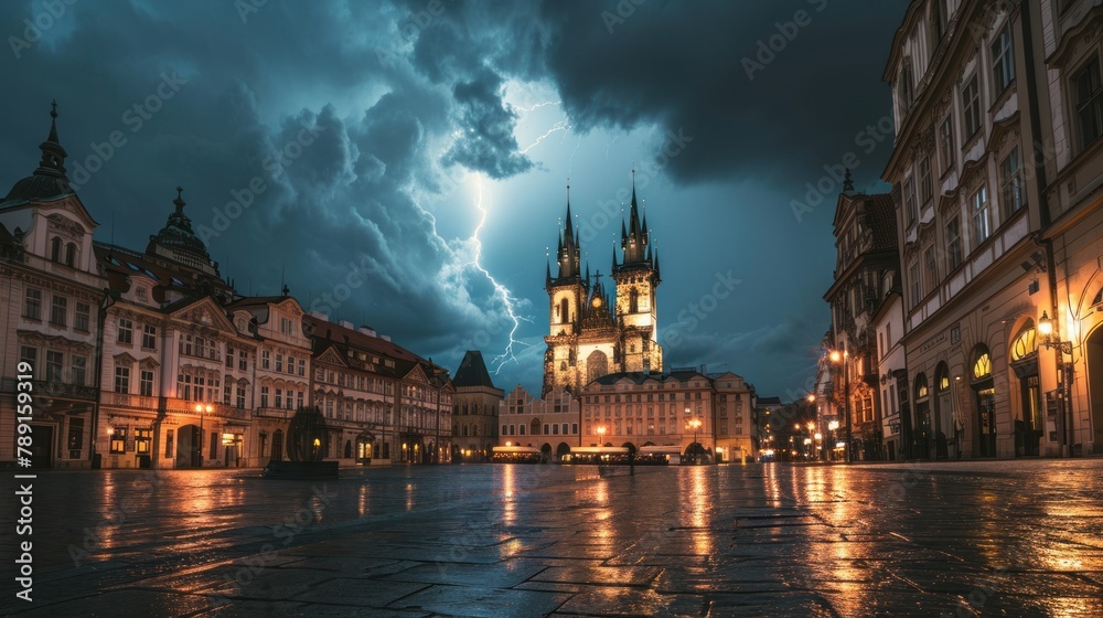 Canvas Prints Thunderstorm over Prague city in Czech Republic in Europe.