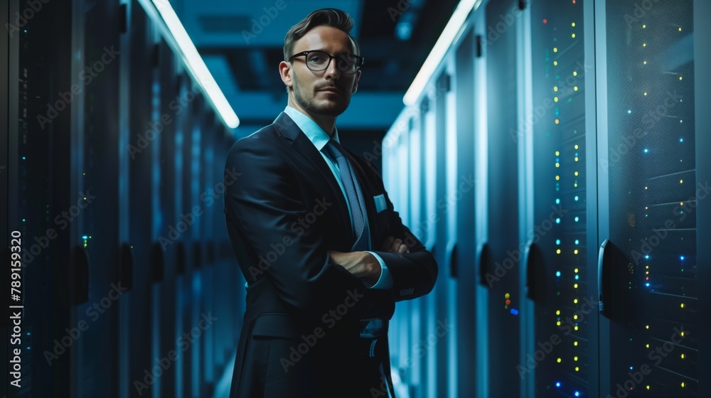 Aufkleber Male businessman in data center focused on strategic planning and management of data storage and protection processes, developing effective strategies to ensure security and availability information