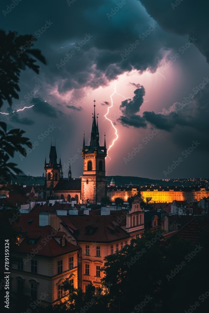 Poster thunderstorm over prague city in czech republic in europe.