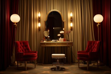 Fototapeta premium Spotlight Floor Lamps and Velvet Curtains: Golden Era Hollywood Vanity Room Decors