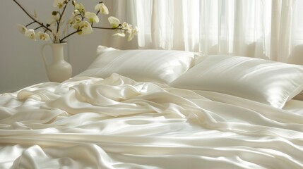 Fototapeta na wymiar Smooth cream white silk sheet with a delicate shimmer under soft lighting, designed to showcase simplicity and elegance.