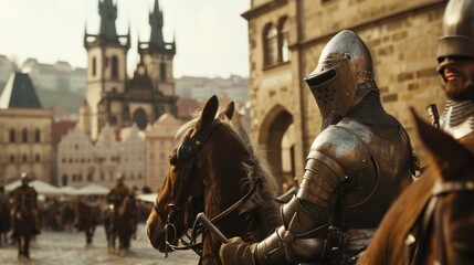 portrait of Medieval soldier on horseback in armor in Prague city in Czech Republic in Europe.