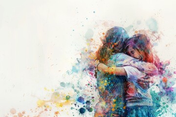 Abstract watercolor painting of a mother and daughter hugging against a white background in the style of a copy space concept for a Mother's Day theme, with colorful splashes and a highly detailed - obrazy, fototapety, plakaty