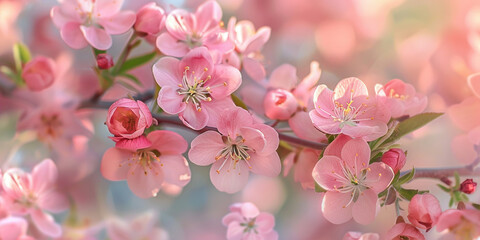 Beautiful pink flowers in bloom on branch against sunlit sky, nature background with soft colors and bright sunlight