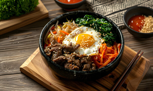 bibimbap on a wooden board, Generative AI