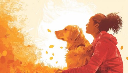 A young girl and her golden retriever sit together in a field of wheat as the sun sets. - obrazy, fototapety, plakaty