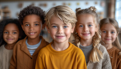 Fototapeta premium Group of multiracial children in the modern classroom, against the background of the blackboard. Lessons, training, development. School everyday life 