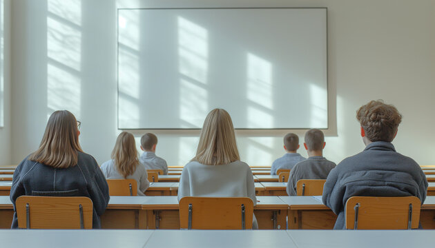 Children, students, tenagers sitting at their desks in the light scandinavian classroom and looking to the clean School board. Mockup. Back view. Studying concept