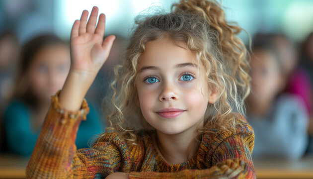 Smiling blond girl in yellow clothes raising hand sitting at schooldesk in the light scandinavian classroom while lesson at schoolroom. Studying concept