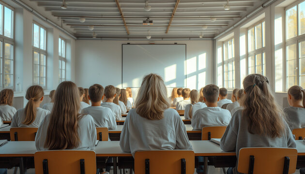 Children, students, tenagers sitting at their desks in the light scandinavian classroom and looking to the clean School board. Mockup. Back view. Studying concept