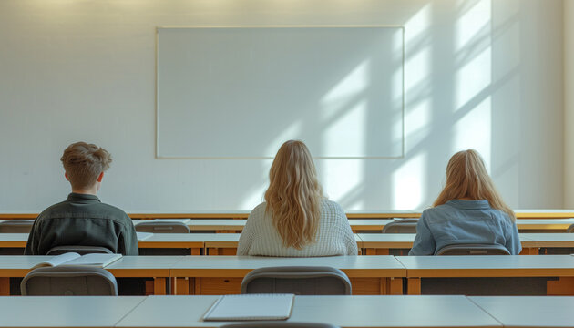 Children, students, tenagers sitting at their desks in the light scandinavian classroom and looking to the clean School board. Mockup. Back view. Studying concept