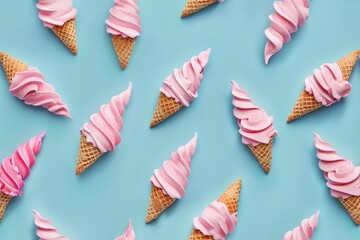 Fototapeta premium Colorful Assortment of Ice Cream Cones on Pastel Blue Background