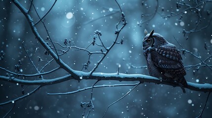 An owl perched on a tree branch during a quiet, snowy night