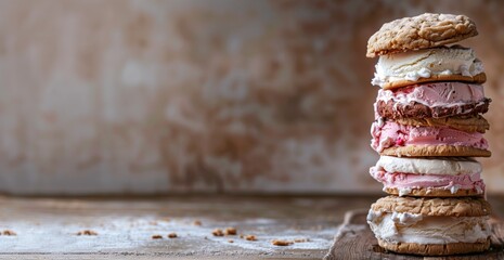 A tall stack of assorted ice cream sandwiches on a wooden surface - obrazy, fototapety, plakaty