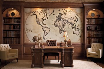 Timeless Elegance: Old World Map Themed Study Room Inspirations with Parchment Paper and Inkwell Accents - obrazy, fototapety, plakaty