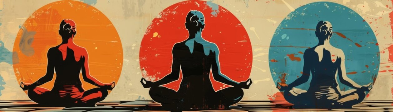 Three minimalist depictions of a person meditating in a lotus pose.