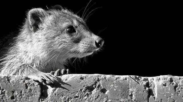   A black-and-white image of a rodent perched atop a brick wall, paw touching the edge