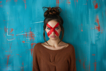 A woman with a red cross painted on her face, a rejection - obrazy, fototapety, plakaty
