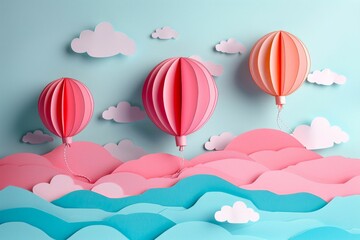Colorful Paper Craft Balloons on a Pastel Sky Background. Generative ai