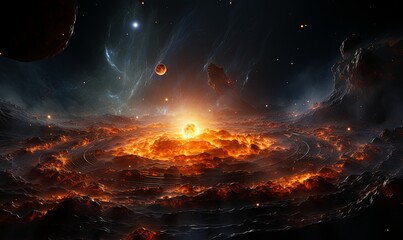 Fiery Spiral Among Planets in Space - obrazy, fototapety, plakaty