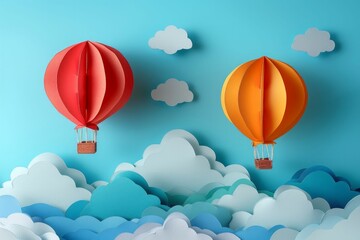 Obraz premium Colorful Paper Craft Balloons on a Pastel Sky Background. Generative ai