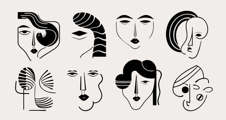 Big Set of Various Faces, abstract shapes. Ink painting style. Contemporary Hand drawn Vector illustrations. Continuous line, minimalistic elegant concept. All elements are isolated